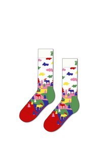Barevné ponožky s lesní scenérií obsahující stromy, losy, mraky a dům. Zelené, červené a fialové akcenty. Materiál z bavlněné směsi.