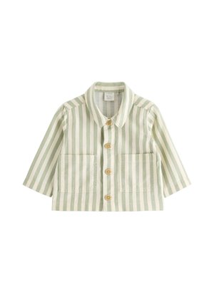 Langærmet skjorte med knapper, med lodrette grønne og hvide striber, to forlommer og træknapper.