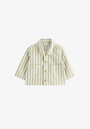 Langærmet skjorte med knapper, med lodrette grønne og hvide striber, to forlommer og træknapper.