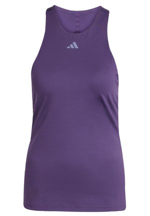 Purple athletic tank top made from smooth, stretchy fabric. Features a crew neckline and a small logo on the chest.