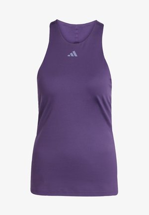 Paarse sportieve tanktop gemaakt van gladde, rekbare stof. Beschikt over een ronde hals en een klein logo op de borst.