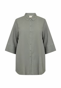 Light gray collared shirt with a button-down front, three-quarter sleeves, and a smooth fabric texture.