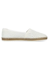 Chaussure blanche tissée à enfiler avec une surface texturée, un bout rond et une semelle enveloppée de jute. Présente une bordure cousue autour de la base.