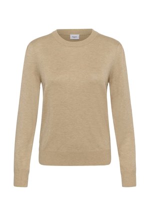 Maglione beige a maglia con colletto rotondo, maniche lunghe, polsini e orlo a costine, texture liscia e leggero luccichio. Etichetta con la scritta "Saint."
