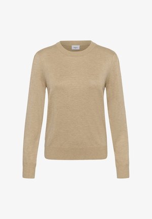 Maglione beige a maglia con colletto rotondo, maniche lunghe, polsini e orlo a costine, texture liscia e leggero luccichio. Etichetta con la scritta "Saint."