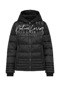 Black puffer jacket featuring a hood, zip closure, ribbed cuffs, and text design in white and gray across the upper front.