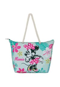 Bolsa de mano azul claro con un asa de cuerda, que presenta un personaje de dibujos animados, lunares rosas, flores tropicales y el nombre "Minnie" en un texto rosa.