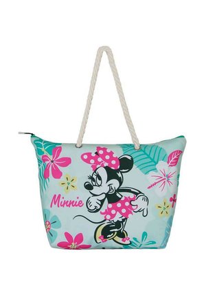 Bolsa de mano azul claro con un asa de cuerda, que presenta un personaje de dibujos animados, lunares rosas, flores tropicales y el nombre "Minnie" en un texto rosa.