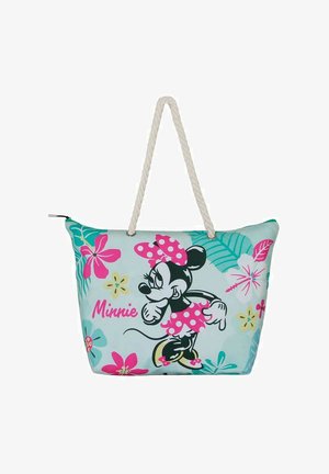 Bolsa de mano azul claro con un asa de cuerda, que presenta un personaje de dibujos animados, lunares rosas, flores tropicales y el nombre "Minnie" en un texto rosa.