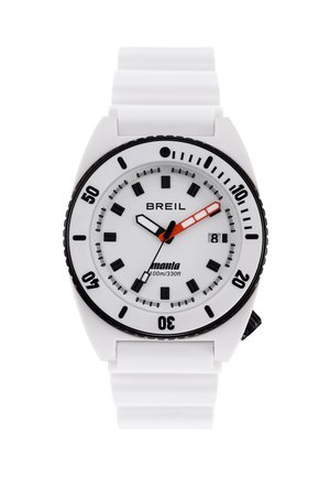 White silicone wristwatch with a round white dial, black markers, an orange second hand, black bezel, and date display at 3 o'clock.