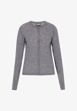 Grijze lange mouwen cardigan van zacht breiwerk, met een ronde halslijn en een sluiting met knopen aan de voorkant. Glad textuur met een minimaal patroon.