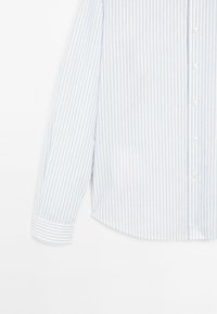 Camicia a maniche lunghe blu chiaro e bianca a righe, con chiusura a bottone, orlo arrotondato e polsini a righe a contrasto. Tessuto morbido.