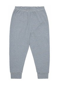 Pantaloni del pigiama a righe in morbido cotone, caratterizzati da un motivo a righe orizzontali blu navy e bianche, vita elastica e polsini affusolati.