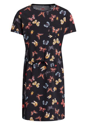 Robe noire à manches courtes avec imprimés multicolores de papillons et de coccinelles, poche poitrine et cordon de serrage ajustable à la taille.