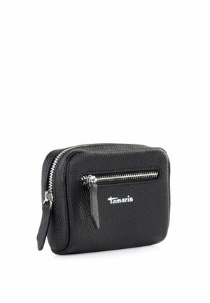 Black leather zippered pouch with a textured finish, silver hardware, and a front pocket featuring a logo. Compact and rectangular design.