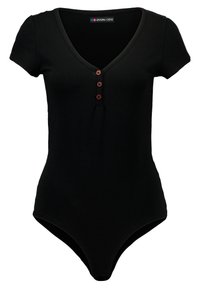 Černý body s krátkým rukávem s výstřihem do V, tříknoflíkovým zapínáním a měkkou látkou s hladkým povrchem.