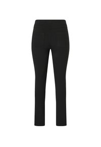 Sorte strækbukser med en tætsiddende design, der har baglommer og en glat talje. Stoffet ser blødt og vævet ud.
