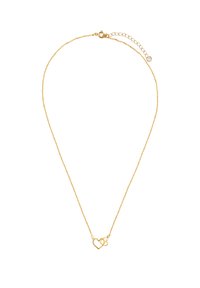 Naszyjnik w kolorze złotym z metalowymi elementami, ozdobiony zawieszką w kształcie serca, delikatnym łańcuszkiem oraz regulowanym zapięciem, które pozwala na dostosowanie długości.