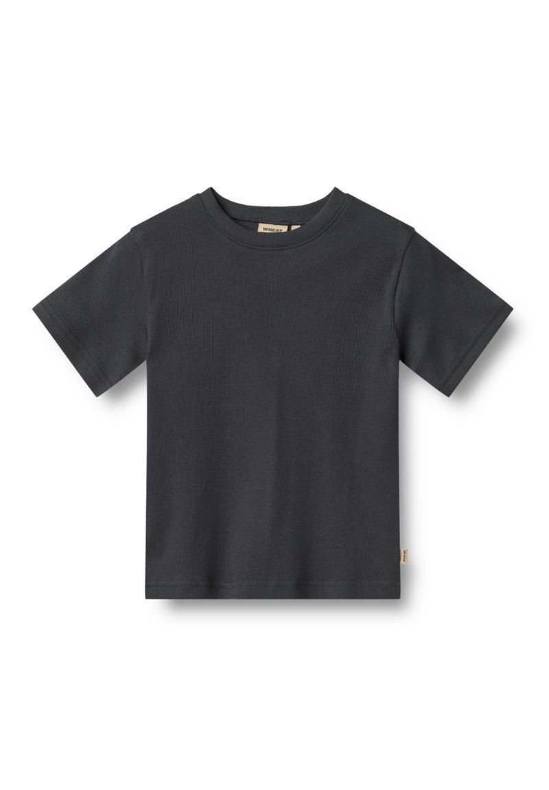 Donkergrijze katoenen t-shirt met een ronde hals en korte mouwen. Soepele textuur, minimalistisch ontwerp, met een klein label op de zijnaad.