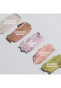 Fünf Kosmetikproben: Silberner Highlighter (metallisch), bronzebraun (schimmernd), Lavendel-Vibe (sanftes Pink), goldener Glow (metallisches Pfirsich), grüner Schimmer (metallisches Oliv).