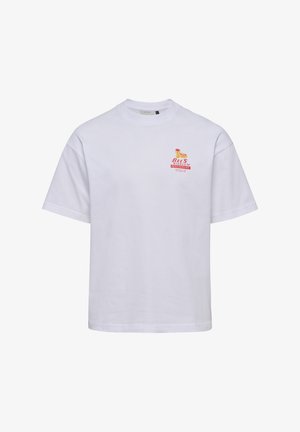 T-shirt bianco in cotone a maniche corte, con una stampa grafica colorata sul petto sinistro che recita "Bee's Stadium Restaurant".