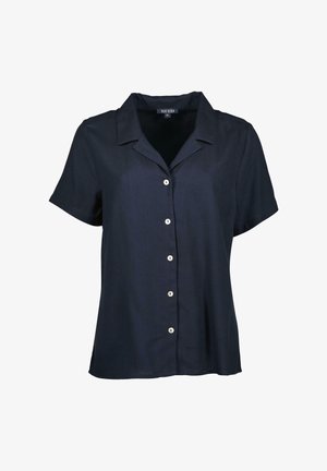 Camicia blu navy a maniche corte con colletto, dotata di chiusura frontale con bottoni bianchi e una texture di tessuto liscia.