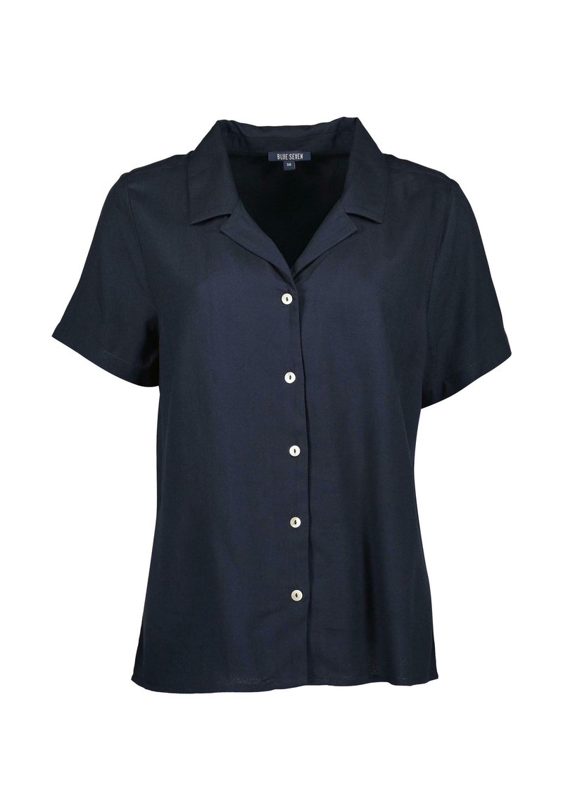 Camicia blu navy a maniche corte con colletto, dotata di chiusura frontale con bottoni bianchi e una texture di tessuto liscia.
