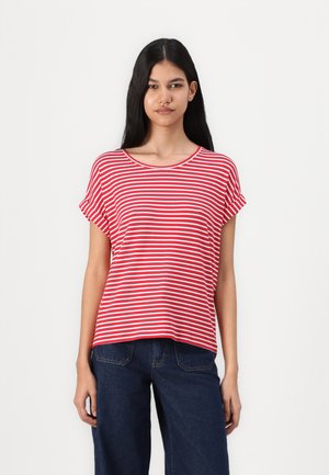 Red and white striped short-sleeve t-shirt with a round neckline, relaxed fit, and soft cotton material. Paired with dark blue jeans.