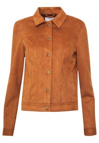 Giacca in suede marrone con colletto, chiusura frontale a bottoni e cuciture verticali. Presenta due tasche laterali e una finitura testurizzata.