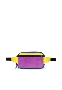 Piccolo marsupio rettangolare con lati blu, pannello superiore giallo e cinghie, e una tasca frontale viola con zip nera.