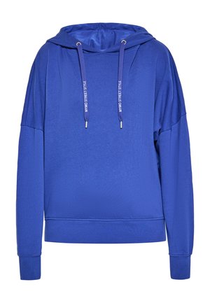 Blauwe hoodie met lange mouwen en aantrekkoorden met de tekst "MYMO STREET STYLE" op elk koord, met geribde boorden en zoom.