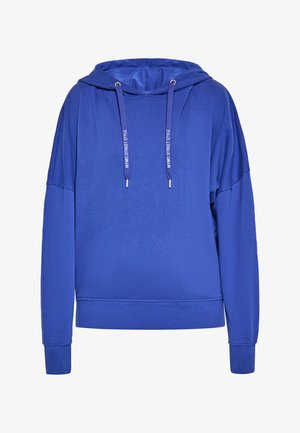 Blauwe hoodie met lange mouwen en aantrekkoorden met de tekst "MYMO STREET STYLE" op elk koord, met geribde boorden en zoom.