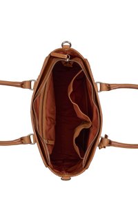 Borsa a tracolla in pelle marrone con due manici superiori, chiusura con zip e scomparti interni. Foderata in tessuto arancione, con una texture liscia.