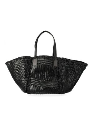 Sac cabas tissé noir avec de larges côtés triangulaires et deux fines bretelles, fabriqué en matériau texturé.