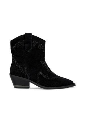Black suede ankle boot with a pointed toe, curved stitching, and stud embellishments; features a low, block heel and loop tab.
