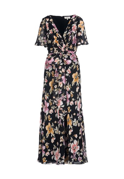Black sheer floral maxi dress with short flutter sleeves, V-neck wrap bodice, and front tie waist sash detail.