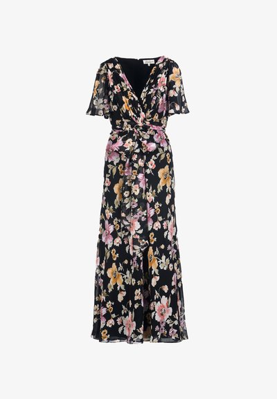 Black sheer floral maxi dress with short flutter sleeves, V-neck wrap bodice, and front tie waist sash detail.