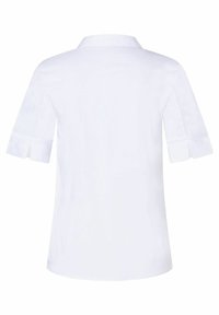 White cotton shirt with a collar, short sleeves featuring side slits, and a smooth texture. No patterns or additional details present.