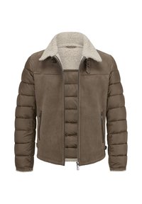 Braune Jacke mit Schafsfellkragen, puffigen Ärmeln, Reißverschluss vorne und seitlichen Taschen. Verfügt über ein glattes Obermaterial und eine gesteppte Textur.