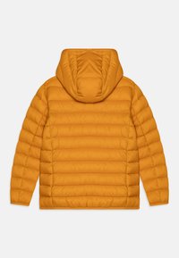 Gul pufferjakke med hætte, der har et quiltet design og en glat tekstur. Bagsiden er glat med vandrette syninger.