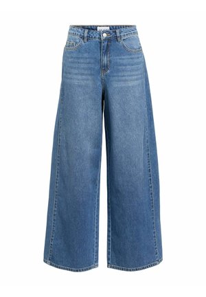 Wijde pijpen, high-waisted jeans in lichtblauwe denim. Bevat vijf zakken, riemlussen en een sluiting met een knoop aan de voorkant. Soepele textuur.