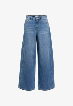 Široke, visoko pasne kavbojke iz svetlo modrega džinsa. Imajo pet žepov, zanke za pas in sprednji gumb za zapiranje. Gladka tekstura.