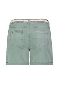 Green cotton shorts with a braided pink waistband, two back pockets, and rolled hems. Designed for a relaxed fit.