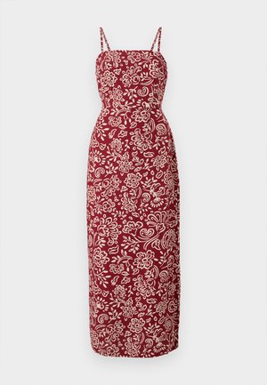 Maxikleid aus einem tiefroten Stoff mit einem taillierten Oberteil und dünnen Trägern. Es hat ein weißes Blumenmuster und eine gerade Silhouette.