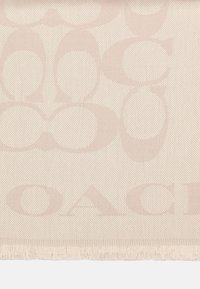 Beige stof med et tekstureret mønster af sammenflettede bogstaver, med frynset kanter, der viser en subtil glans.