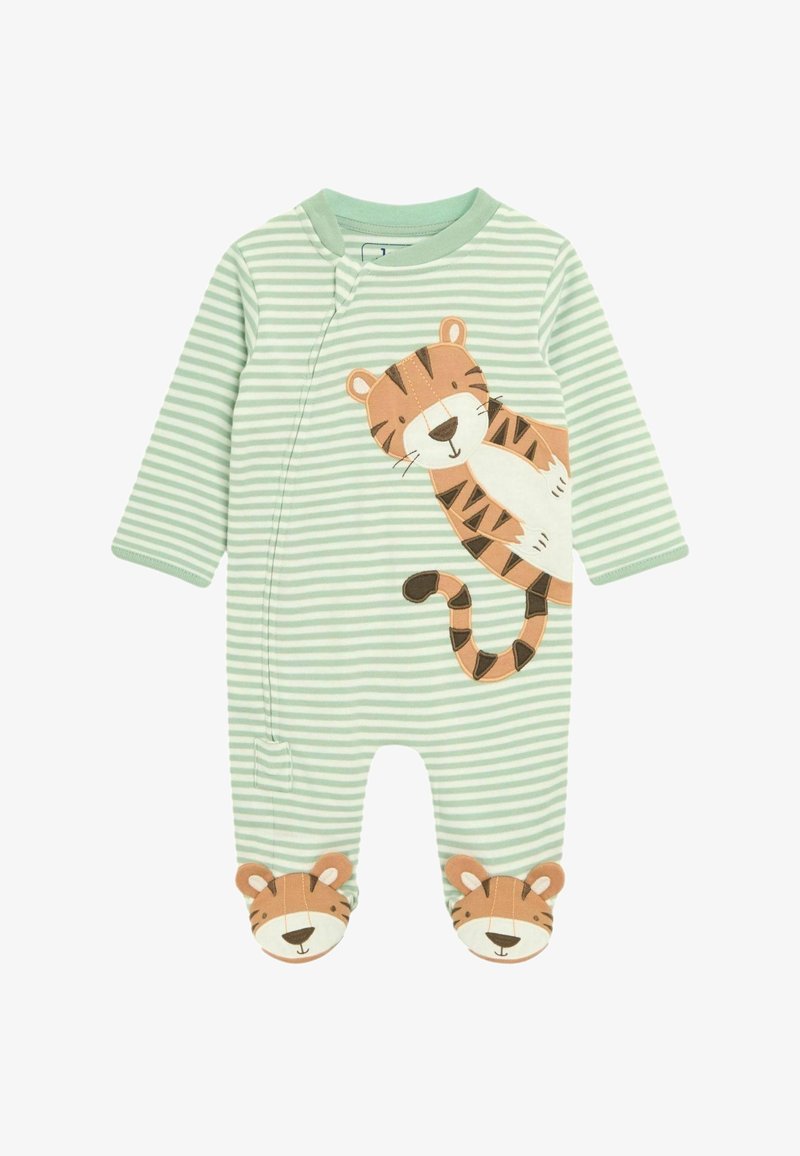 Stribet grøn babydragt med et tiger-illustration på forsiden og tigermaske-detaljer på fødderne. Blødt materiale, trykknap lukning.