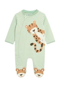 Gestreifter grüner Baumwoll-Body mit einer Tigerillustration auf der Vorderseite und Tigergesichtdetails auf den Füßen. Verfügt über Druckknopfverschlüsse an der Seite.