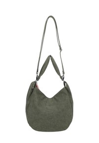 Olijfgroene suède schoudertas met een slonzig ontwerp, verstelbare lange riem en zilveren metalen sluitingen.