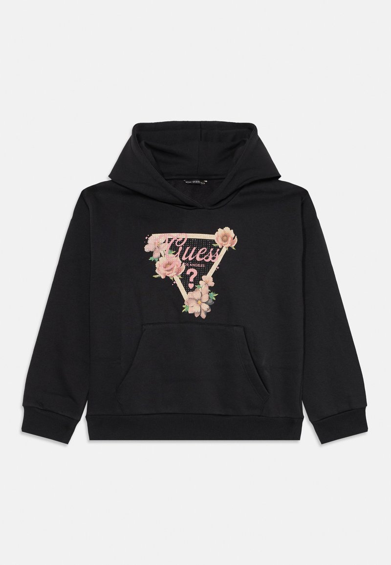 Sudadera negra con un gráfico floral en rosa, con la palabra "Guess?" en un diseño triangular. Corte casual con un bolsillo frontal.
