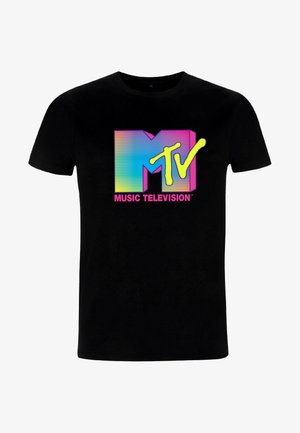 Černé tričko s vícerozměrnou retro MTV logem, které obsahuje tučné písmo, pruhovaný gradient a text "MUSIC TELEVISION."